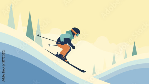 Skiing Down a Snowy Mountain Slope with Trees.