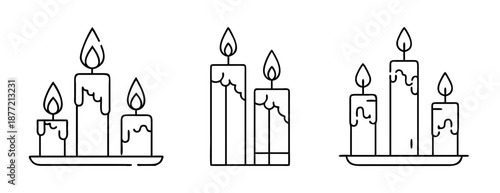 Outline burning candles with melted wax depicted in three unique sets