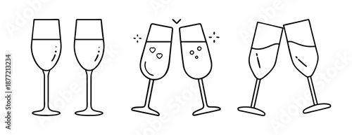 Set of minimalist black outline champagne glasses celebrating