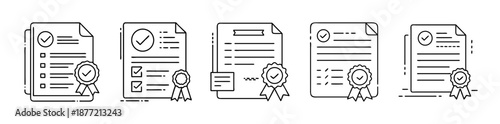 Monochrome line art icons for document approval and quality verification