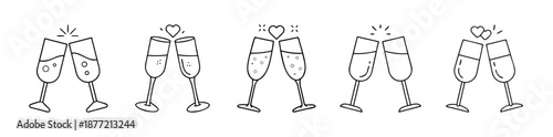 Set of diverse outline champagne glasses clinking with celebratory elements