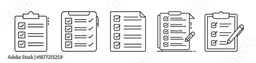 A collection of five line art checklist icons depicting task completion