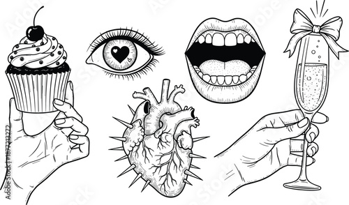 Black and white surreal illustration set, featuring cupcake hand, heart-eye, open mouth, spiked anatomical heart, champagne flute
