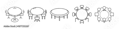 Collection of simple line art icons featuring round tables and chairs