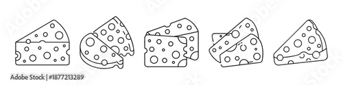 Diverse Black Outline Illustrations of Cheese Blocks and Wedges on White