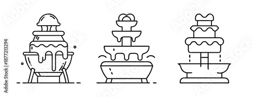 Outline illustrations of chocolate dessert fountains with flowing liquid