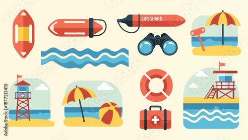 Beach and Summer Vacation Icons with Lifeguard Tower and Umbrellas.