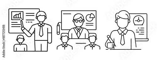 Monochrome outline icons of business people presenting and analyzing data