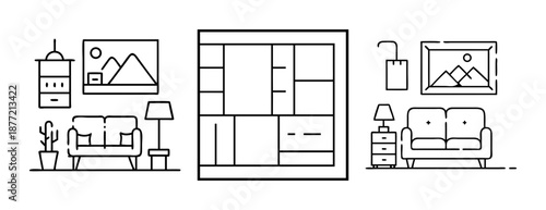 Minimalist Outline Icons of Living Room Furniture and Building Plan Layouts