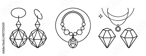 Elegant black outline jewelry designs: faceted earrings, necklaces