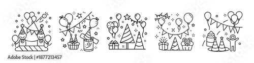 Hand-drawn line art party and birthday celebration icons on an isolated