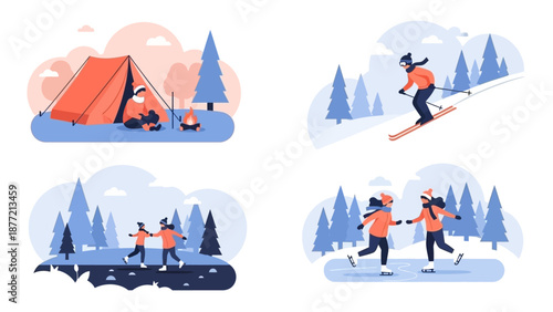 Winter sports and camping activities in snowy landscape.