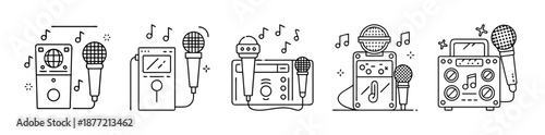 Set of line art karaoke systems with microphones and musical notes