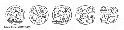 Black outline food icons representing healthy diet and nutrition