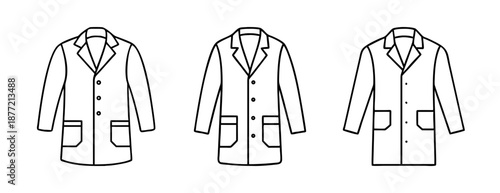 Three black and white line art lab coats with buttons and pockets