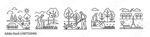 Minimalist line art icons illustrating diverse gardening and farming