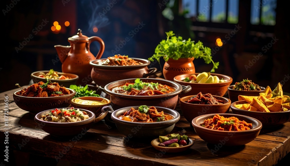Fototapeta premium A rustic wooden table laden with various earthenware bowls overflowing with aromatic stews and side dishes, steam rising