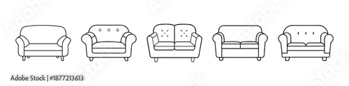 Various line art armchairs and sofas in a black outline drawing style