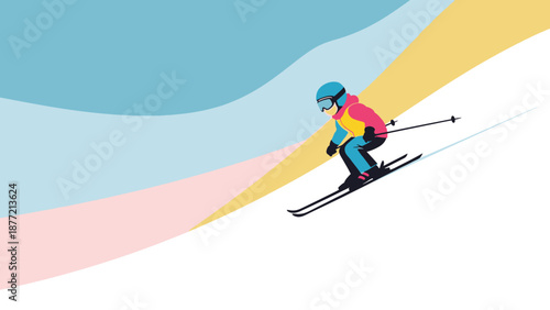 Vibrant Skier Descending Snowy Slope with Colorful Background.