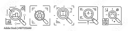Set of outline icons for business analysis, quality control