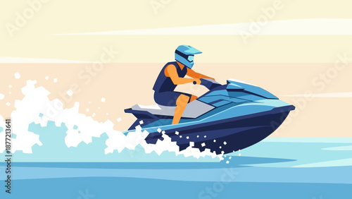 Man Riding Jet Ski on Calm Ocean Water at Sunset.