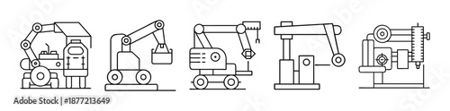 Set of linear icons featuring various industrial robotic arms and factory