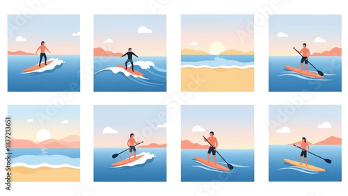 Paddleboarding on serene ocean waters at sunrise or sunset.