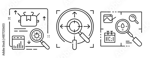 Line art icons for data analysis, search, and optimization concepts