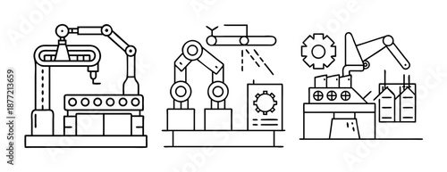 Industrial automation with robotic arms and production lines line art