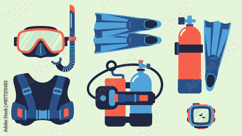 Scuba diving equipment set with accessories and gear.