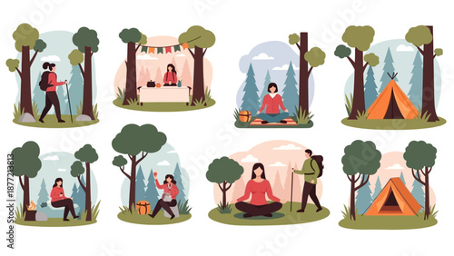 Camping scenes with people in forest settings.