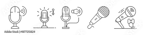 Set of five minimalist black outline microphone icons with sound wave