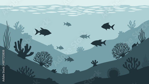 Underwater landscape with silhouetted marine life and coral reefs.