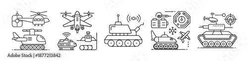 Black line art icons of military robotics, drones, and defense systems