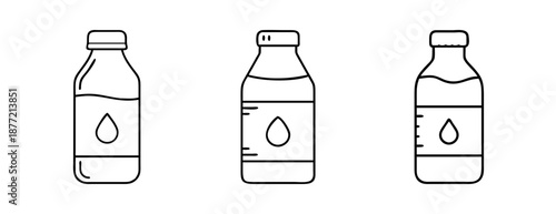 Three minimalist outline illustrations of bottles with liquid and a drop