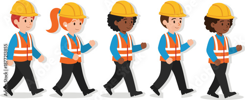 Set of diverse cartoon construction workers walking in a line wearing orange safety vests and yellow hard hats vector illustration.
