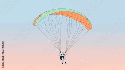 Person paragliding in the sky with a colorful parachute.