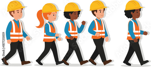 Diverse group of cartoon construction workers walking in a line wearing orange safety vests and yellow hard hats.