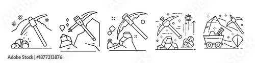 Clean line art illustrations of pickaxes, gems, and mining related concepts