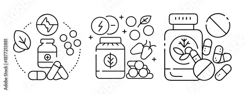 Line art icons illustrating natural health, medical supplements