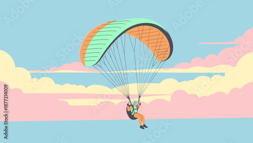 Paragliding Adventure with Vibrant Colored Parachute.