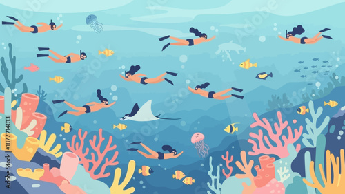 Vibrant underwater scene with fish and coral reef ecosystem.