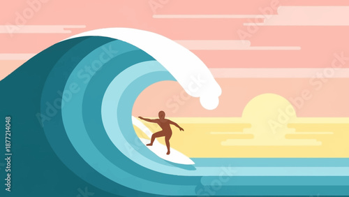 Surfer riding a large ocean wave at sunset with a serene beach background.