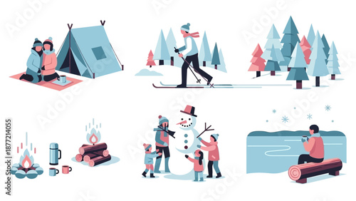 Winter activities and camping in snowy landscape with people enjoying snow.