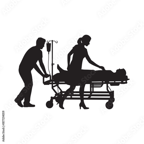 medical staff transporting a patient on a hospital gurney