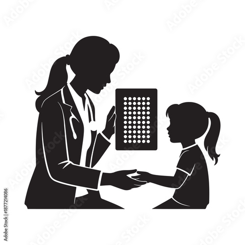 doctor checking little girl s eyes with eye chart