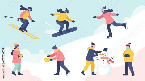People enjoying winter activities skiing and building snowman together.