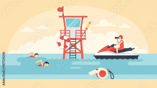 Lifeguard on jet ski patrolling beach with swimmers in water.