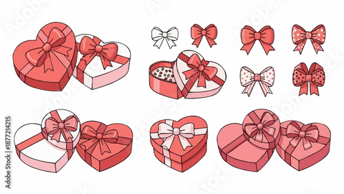 Collection of red heart shaped gift boxes and bows.