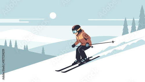 Skiing enthusiast navigating a snowy slope under a full moon.